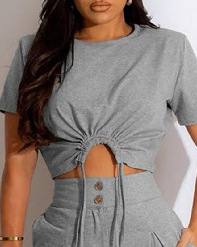 Naiste vabaaja kaheosaline komplekt, 2023. aasta sügisene ümar kaelus, lühikeste varrukatega, nööriga ülaosa ja nööpidega pükste komplekt, moodsad uued ülikonnad