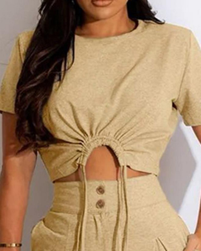 Naiste vabaaja kaheosaline komplekt, 2023. aasta sügisene ümar kaelus, lühikeste varrukatega, nööriga ülaosa ja nööpidega pükste komplekt, moodsad uued ülikonnad