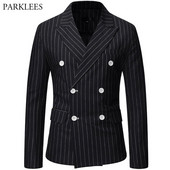 Μαύρο ριγέ ανδρικό σακάκι μόδας διπλό ανδρικό κοστούμι σακάκι παλτό Casual Business Tuexdo Στολή Homme Casaco Masculino