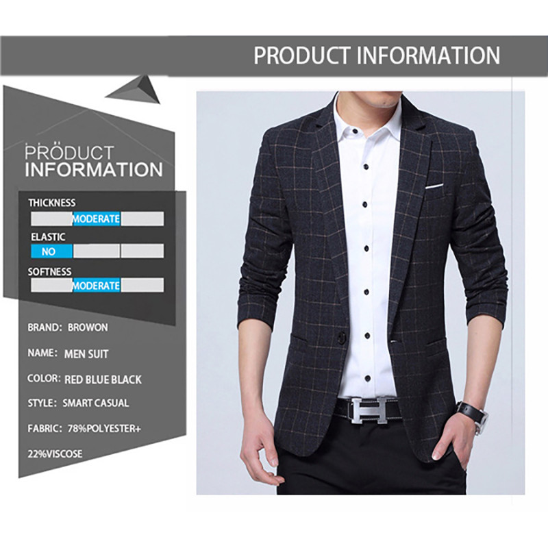 BROWON Jesenski modni muški sako uski kroj Karirani sako za slobodno vrijeme Jedno dugme od fine tkanine Poliester Muški dizajnerski sako 5XL