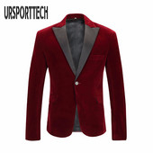 URSPORTTECH Jesen Zima Baršunasti Blazer Vino Crveno Muško Odijelo Jakna Vjenčanje Mladoženja Pjevač Slim Fit Blazer Hombre Masculino