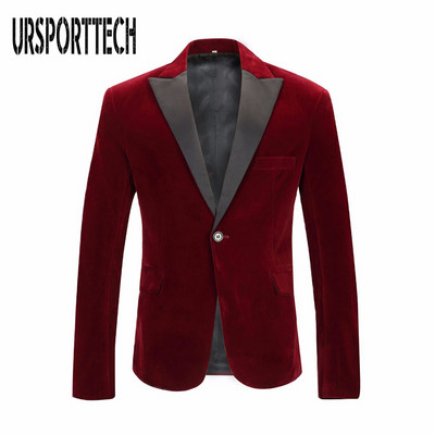 URSPORTTECH Toamnă Iarnă Blazer din catifea Vin Roșu Bărbați Costum de agrement Jachetă Nunta Mire Cântăreț Blazer Slim Fit Hombre Masculino