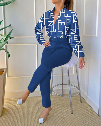 Elegantni dvodijelni setovi Ženska odjeća Vintage Officee Lady Baroque Print Top dugih rukava i komplet radnih hlača s remenom