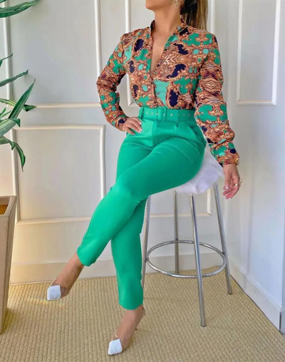 Elegantni dvodijelni setovi Ženska odjeća Vintage Officee Lady Baroque Print Top dugih rukava i komplet radnih hlača s remenom