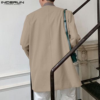 INCERUN 2023 Мъжки блейзър пачуърк V деколте с дълъг ръкав Есенни мъжки ежедневни костюми Streetwear Корейски модни тънки палта с едно копче