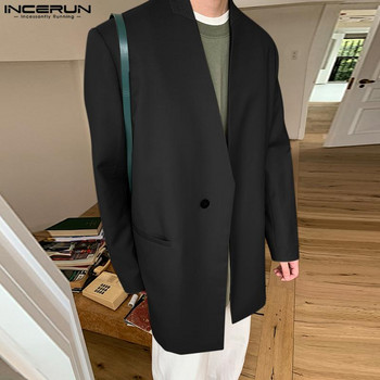 INCERUN 2023 Мъжки блейзър пачуърк V деколте с дълъг ръкав Есенни мъжки ежедневни костюми Streetwear Корейски модни тънки палта с едно копче