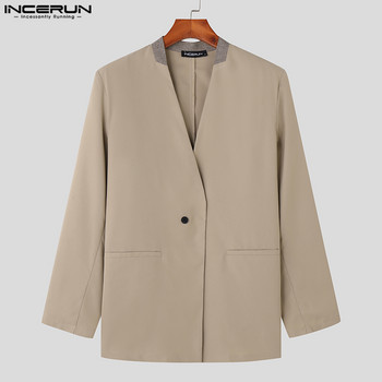 INCERUN 2023 Ανδρικά Blazer Patchwork V λαιμόκοψη Φθινοπωρινά Αντρικά casual κοστούμια Streetwear Κορεατικά με ένα κουμπί Μόδα Λεπτά Παλτό