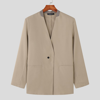 INCERUN 2023 meeste bleiser Patchwork V kaelusega pikkade varrukatega sügisese vabaaja ülikonnad, Korea ühe nööbiga mood, õhukesed mantlid