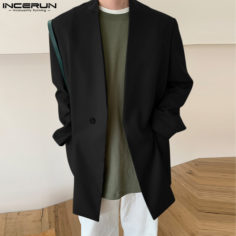 INCERUN 2023 meeste bleiser Patchwork V kaelusega pikkade varrukatega sügisese vabaaja ülikonnad, Korea ühe nööbiga mood, õhukesed mantlid