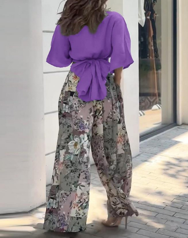 Ženski set odjevnih komada, jesenska moda 2023., uvrnuti široki kratki top i ležerni, elegantni cvjetni set širokih nogavica