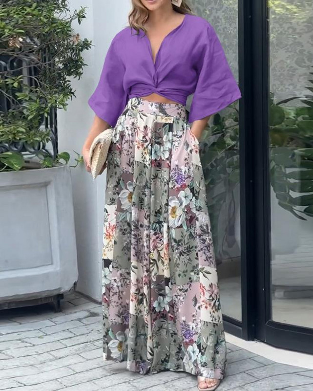 Ženski set odjevnih komada, jesenska moda 2023., uvrnuti široki kratki top i ležerni, elegantni cvjetni set širokih nogavica