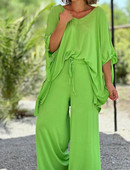 Dvodijelni komplet ženske odjeće 2023., nova modna veza s V-izrezom i polurukavima, ležerni gornji dio i jednobojne široke široke hlače, komplet dugih hlača