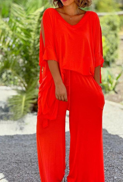 Dvodijelni komplet ženske odjeće 2023., nova modna veza s V-izrezom i polurukavima, ležerni gornji dio i jednobojne široke široke hlače, komplet dugih hlača