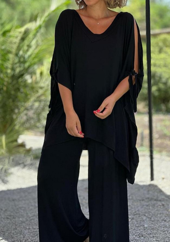 Dvodijelni komplet ženske odjeće 2023., nova modna veza s V-izrezom i polurukavima, ležerni gornji dio i jednobojne široke široke hlače, komplet dugih hlača