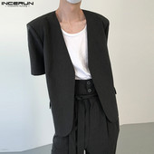 INCERUN Topovi 2023. Novi muški ležerni jednobojni jednobojni, jednostavno odijelo u korejskom stilu Elegantni muški sakoi bez ovratnika s kratkim rukavima S-5XL