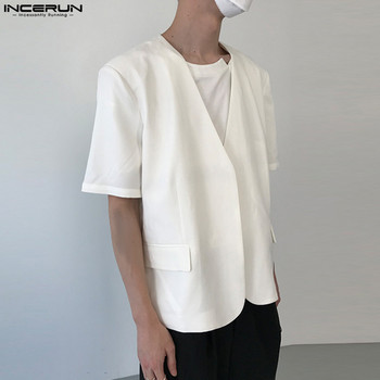 INCERUN μπλουζάκια 2023 Κορεάτικου στιλ Νέο Ανδρικό, μονόχρωμο, απλό κοστούμι, μοντέρνο, ανδρικό, κοντομάνικο μπλέιζερ S-5XL, χωρίς γιακά