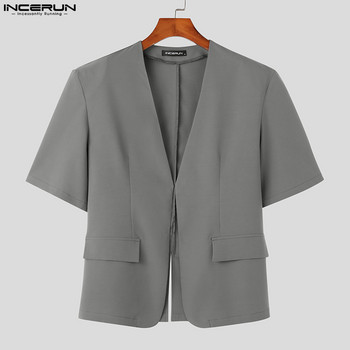 INCERUN μπλουζάκια 2023 Κορεάτικου στιλ Νέο Ανδρικό, μονόχρωμο, απλό κοστούμι, μοντέρνο, ανδρικό, κοντομάνικο μπλέιζερ S-5XL, χωρίς γιακά