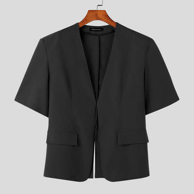 INCERUN Topovi 2023. Novi muški ležerni jednobojni jednobojni, jednostavno odijelo u korejskom stilu Elegantni muški sakoi bez ovratnika s kratkim rukavima S-5XL