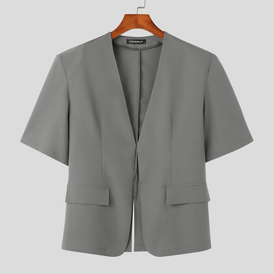 INCERUN Topovi 2023. Novi muški ležerni jednobojni jednobojni, jednostavno odijelo u korejskom stilu Elegantni muški sakoi bez ovratnika s kratkim rukavima S-5XL