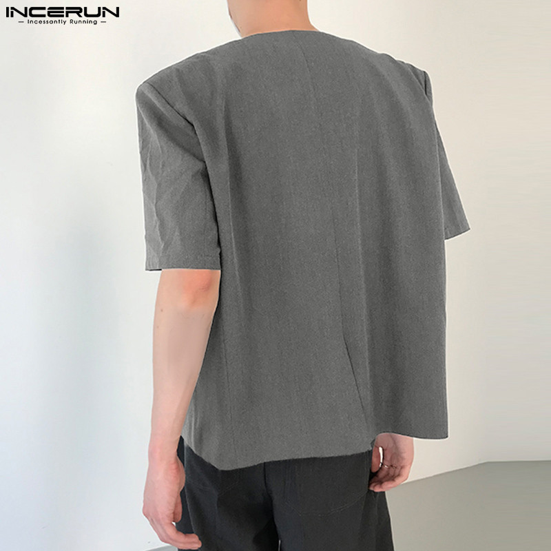 INCERUN Topovi 2023. Novi muški ležerni jednobojni jednobojni, jednostavno odijelo u korejskom stilu Elegantni muški sakoi bez ovratnika s kratkim rukavima S-5XL