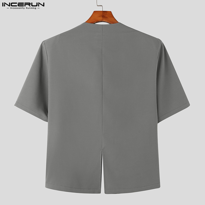 INCERUN Topovi 2023. Novi muški ležerni jednobojni jednobojni, jednostavno odijelo u korejskom stilu Elegantni muški sakoi bez ovratnika s kratkim rukavima S-5XL