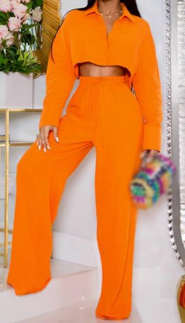 Kaheosaline naiste komplekt, 2023. aasta sügismood, uus lihtne pikkade varrukatega lühike särk, topid ja laiad püksid, vabaaja ülikonnad, riided