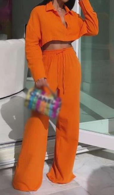 Kaheosaline naiste komplekt, 2023. aasta sügismood, uus lihtne pikkade varrukatega lühike särk, topid ja laiad püksid, vabaaja ülikonnad, riided