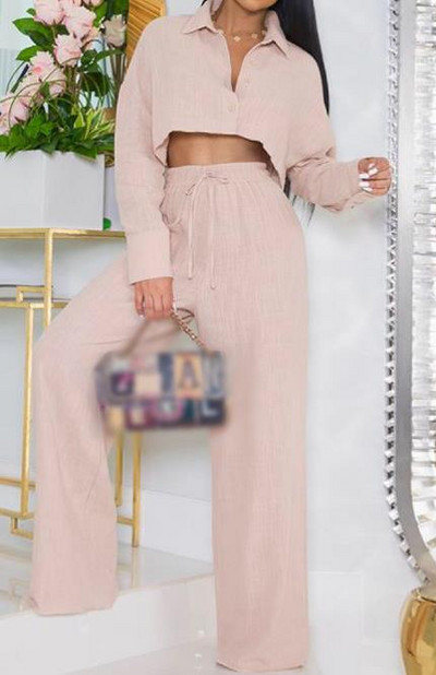 Kaheosaline naiste komplekt, 2023. aasta sügismood, uus lihtne pikkade varrukatega lühike särk, topid ja laiad püksid, vabaaja ülikonnad, riided