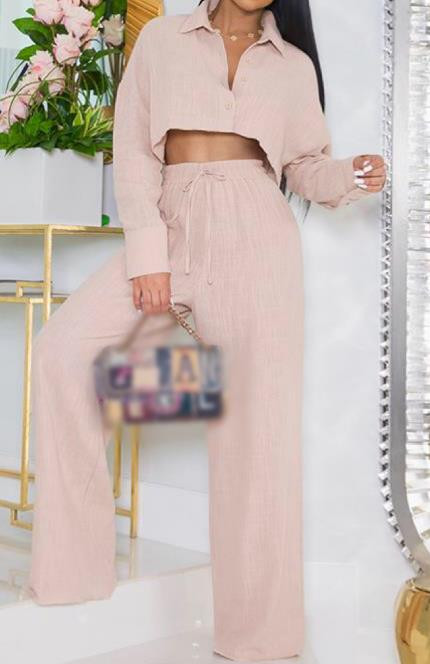 Kaheosaline naiste komplekt, 2023. aasta sügismood, uus lihtne pikkade varrukatega lühike särk, topid ja laiad püksid, vabaaja ülikonnad, riided