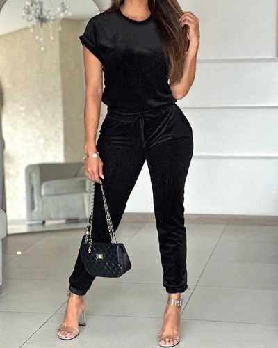 Ležerni dvodijelni set Ženska odjeća O-izrez Top kratkih rukava i modni novi set hlača s uzicom 2023 Summre Ženska odijela