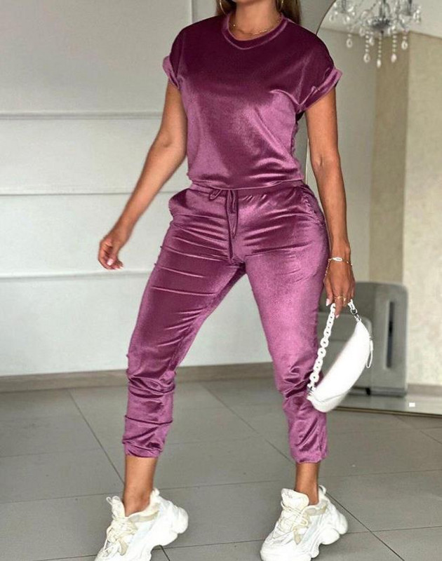 Ležerni dvodijelni set Ženska odjeća O-izrez Top kratkih rukava i modni novi set hlača s uzicom 2023 Summre Ženska odijela