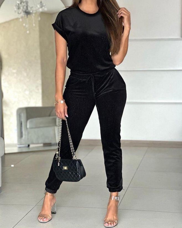 Ležerni dvodijelni set Ženska odjeća O-izrez Top kratkih rukava i modni novi set hlača s uzicom 2023 Summre Ženska odijela