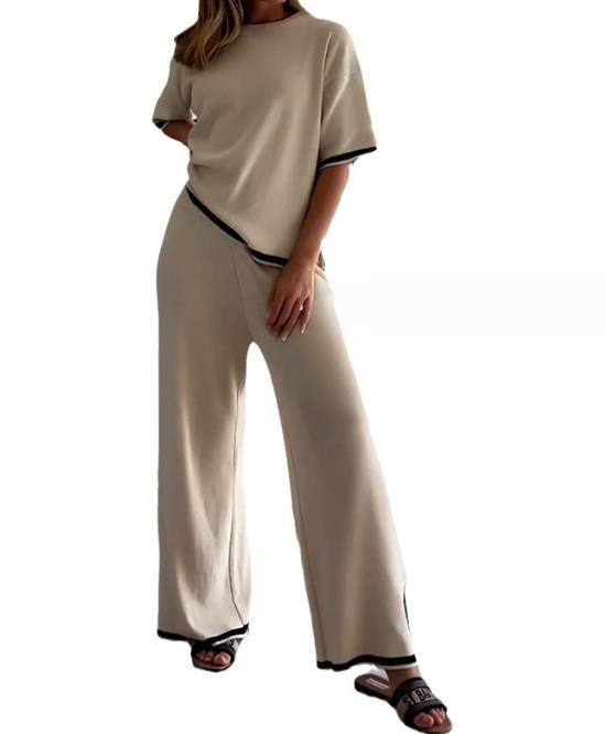 Dviejų dalių komplektai Apranga 2023 m. rudens Nauja mada, laisvalaikio namuose trumpomis rankovėmis apvali kaklo viršus ir solidus laisvų kelnių rinkinys, moteriški kostiumai