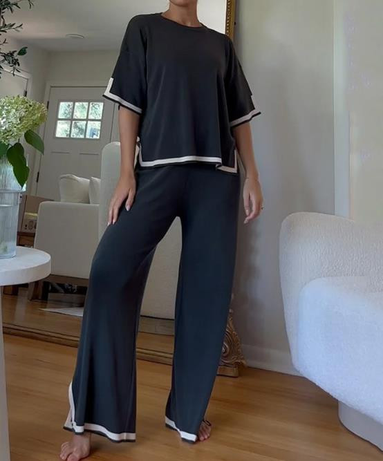 Dviejų dalių komplektai Apranga 2023 m. rudens Nauja mada, laisvalaikio namuose trumpomis rankovėmis apvali kaklo viršus ir solidus laisvų kelnių rinkinys, moteriški kostiumai