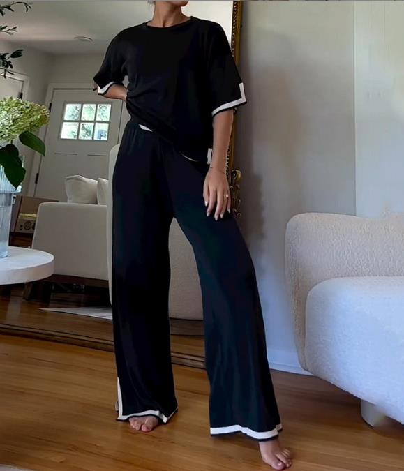 Dviejų dalių komplektai Apranga 2023 m. rudens Nauja mada, laisvalaikio namuose trumpomis rankovėmis apvali kaklo viršus ir solidus laisvų kelnių rinkinys, moteriški kostiumai