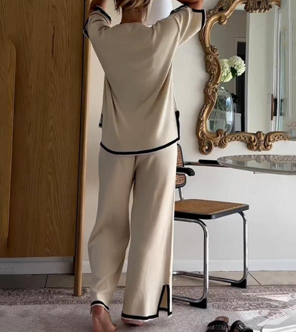 Dviejų dalių komplektai Apranga 2023 m. rudens Nauja mada, laisvalaikio namuose trumpomis rankovėmis apvali kaklo viršus ir solidus laisvų kelnių rinkinys, moteriški kostiumai