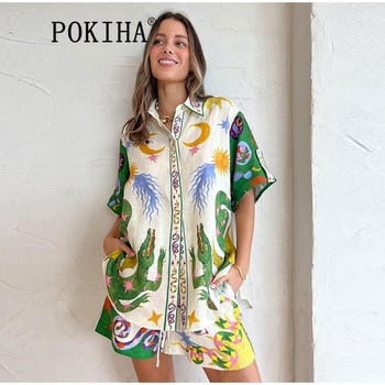 Pokiha Summer Print Дамска риза с еластична талия Шорти Комплекти Плажни ваканционни ежедневни свободни костюми Ризи с къс ръкав Комплекти от две части