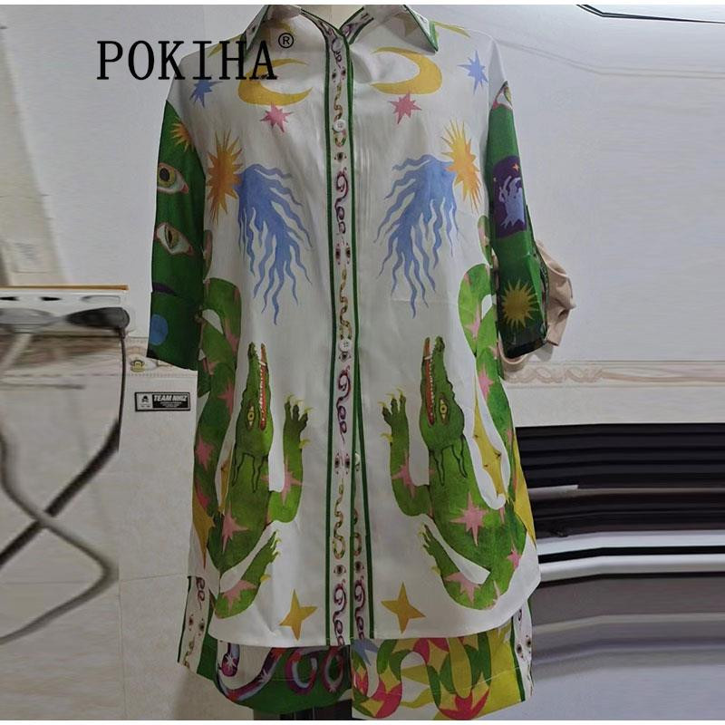 Pokiha suveprintidega naiste särk elastse vöökohaga lühikesed püksid, rannapuhkuse vabaaja ülikonnad lühikeste varrukatega särgid, kaheosalised komplektid