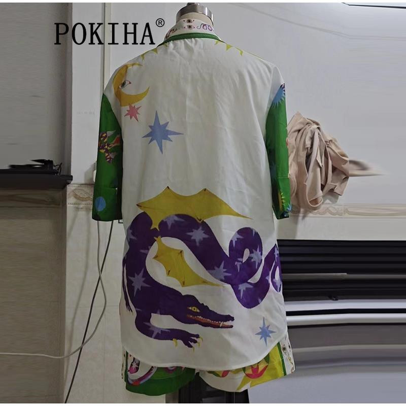 Pokiha suveprintidega naiste särk elastse vöökohaga lühikesed püksid, rannapuhkuse vabaaja ülikonnad lühikeste varrukatega särgid, kaheosalised komplektid