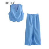 Pokiha uus mood naiste küljetaskud ees nööbid vest ja kõrge vöökoht lõhestatud midi seelikud naistele kaheosalised komplektid Mujer