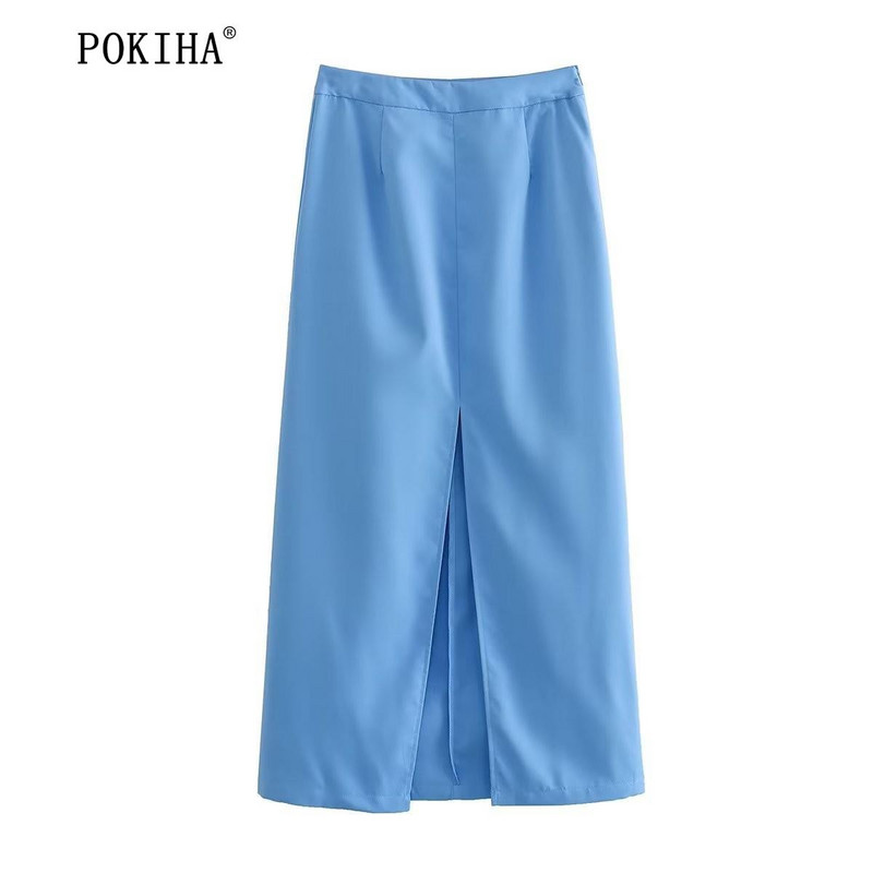 Pokiha uus mood naiste küljetaskud ees nööbid vest ja kõrge vöökoht lõhestatud midi seelikud naistele kaheosalised komplektid Mujer