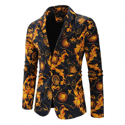 Stiilne meeste ülikonnamantel, moeprintimine ühe nupuga temperament, värvilise mustriga revääriline bleiser