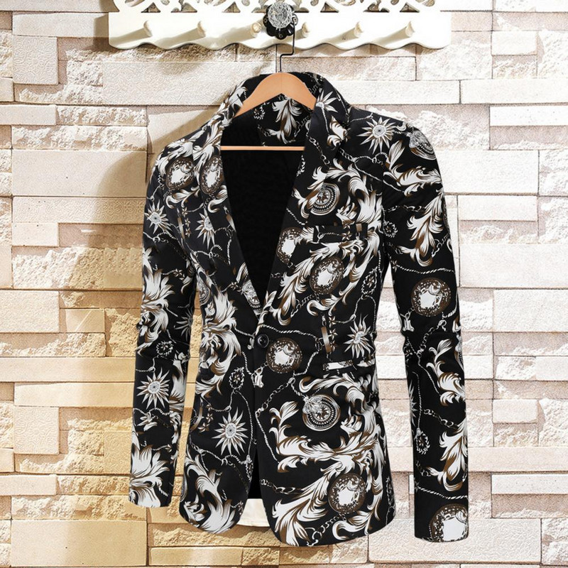 Stiilne meeste ülikonnamantel, moeprintimine ühe nupuga temperament, värvilise mustriga revääriline bleiser