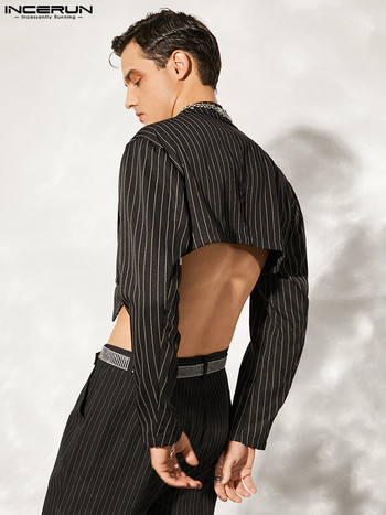INCERUN 2023 Μόδα Ανδρικά ριγέ ζιβάγκο με μακρυμάνικη αλυσίδα με ανοιχτή βελονιά Casual κοστούμια Streetwear Personality Crop Blazer Ανδρικά