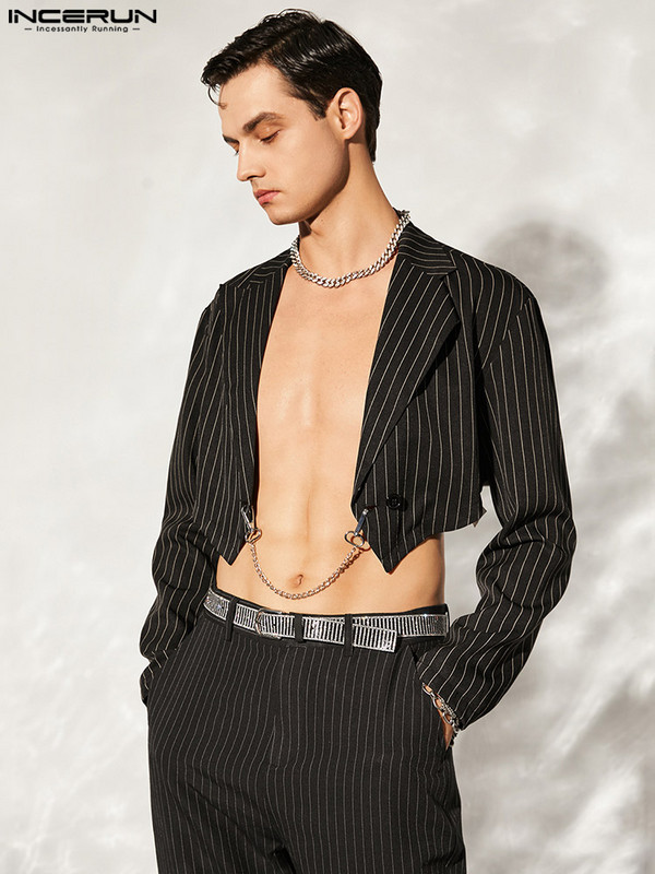 INCERUN 2023. modni muški prugasti sako s reverom i lancem s otvorenim šavom, ležerna odijela, ulična odjeća, osobnost, kratki sako, muškarci