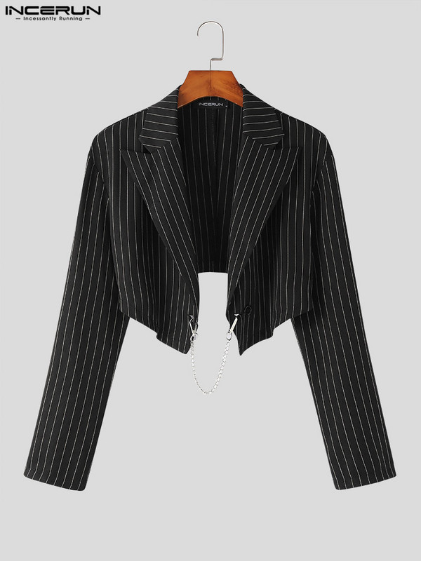 INCERUN 2023. modni muški prugasti sako s reverom i lancem s otvorenim šavom, ležerna odijela, ulična odjeća, osobnost, kratki sako, muškarci