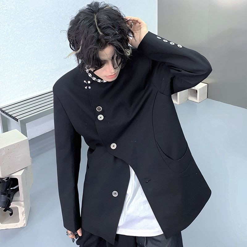 Bleiserid Meeste Korea stiil Trendikas must unisex Retro Standkrae vabaaja soliidne Harajuku rõivad Sobivad minimalistlikud tänavarõivad