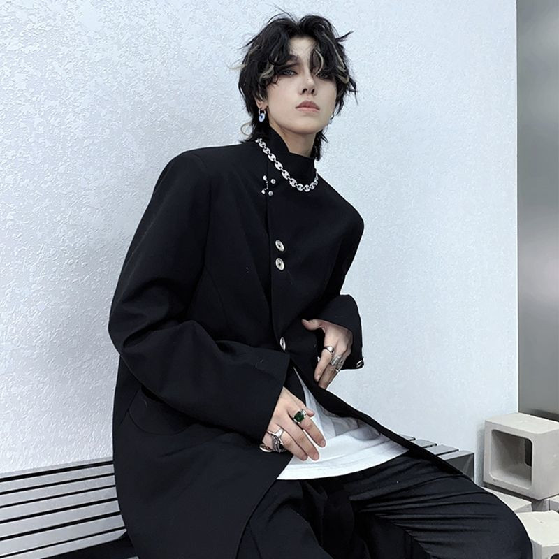 Bleiserid Meeste Korea stiil Trendikas must unisex Retro Standkrae vabaaja soliidne Harajuku rõivad Sobivad minimalistlikud tänavarõivad