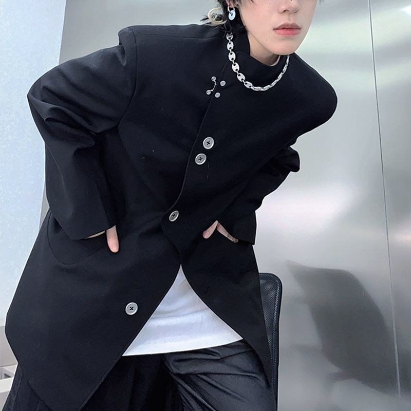 Bleiserid Meeste Korea stiil Trendikas must unisex Retro Standkrae vabaaja soliidne Harajuku rõivad Sobivad minimalistlikud tänavarõivad