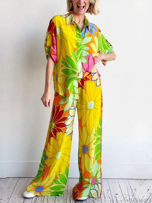 Kaheosaline lillemustriline komplekt lühikeste varrukatega pluusitopid ja pükskostüümid suvise sügise naiste komplekt, kestaga sobiv moodne riietus